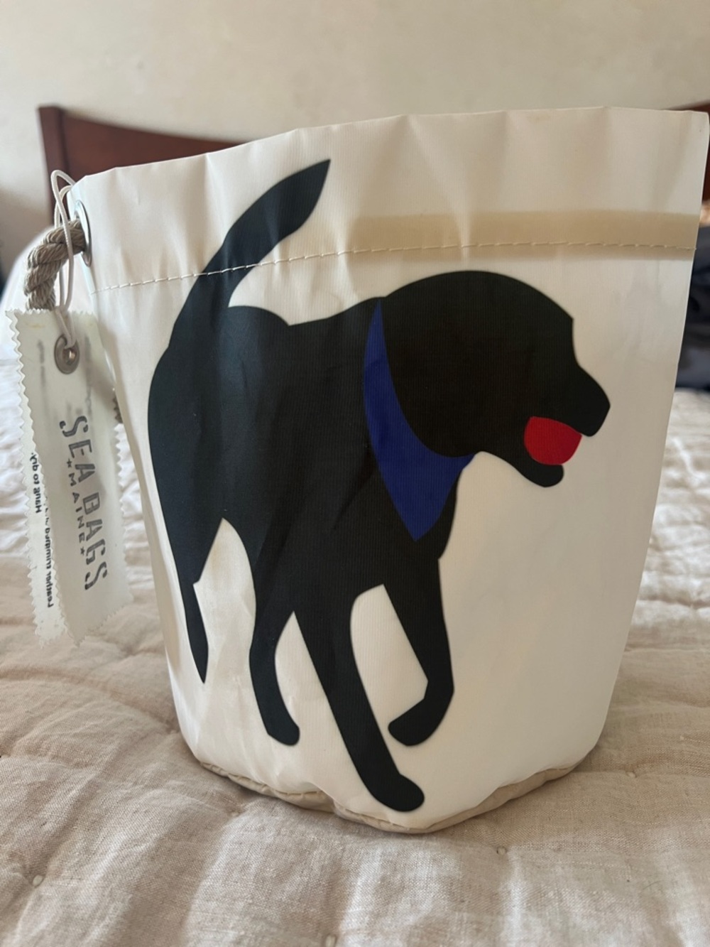 Sea Bags Maine bucket bag with rope handle; made from recycled sails.